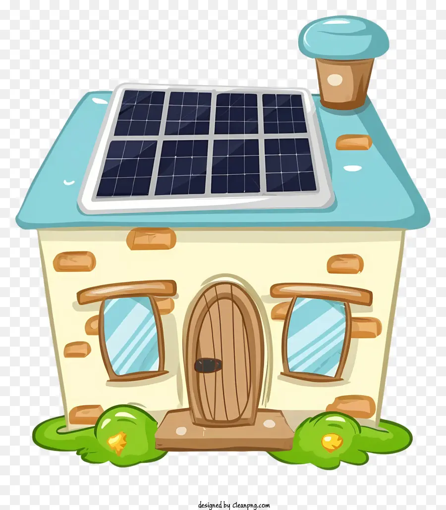 cartoon small cottage solar panel stone cottage wooden door