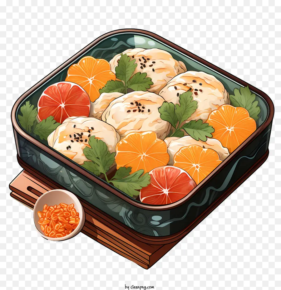 Ciotola di bento box di arance alimentari di cipolle verdi cetrioli - Ciotola di cibo con arance, cipolle e salsa