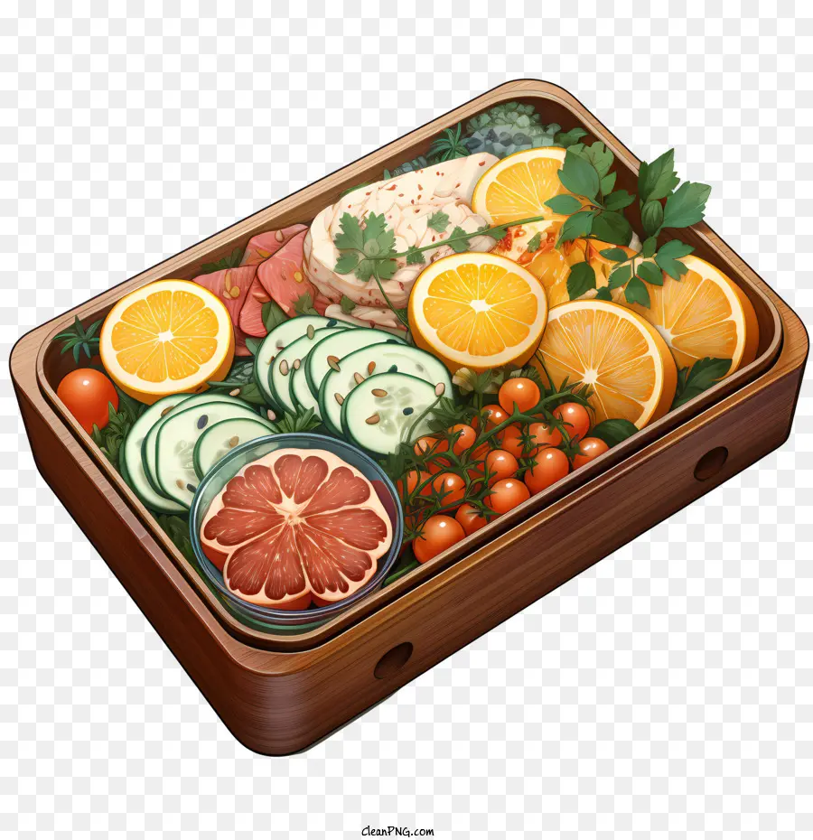 Bento hộp khay gỗ trái cây rau quả cam lát - Hình ảnh cận cảnh của khay gỗ với trái cây và rau quả