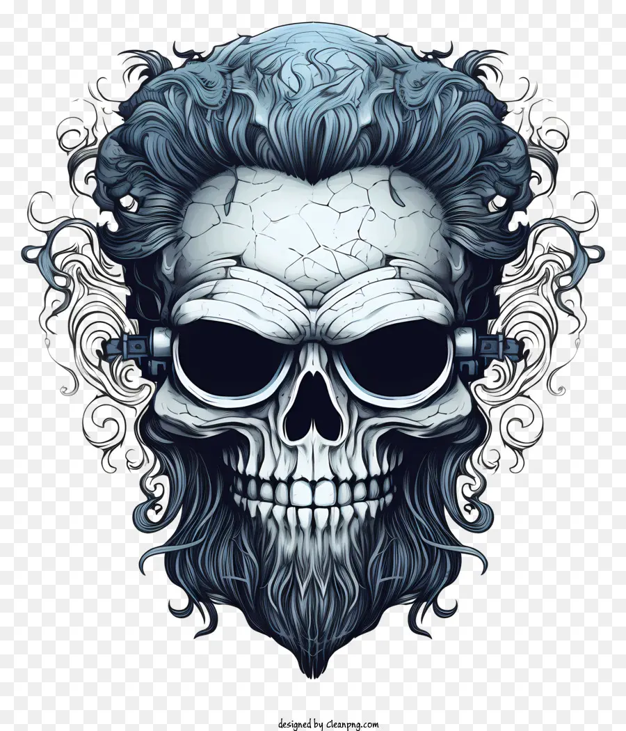 Skull cranio fresco disegnato a mano con banda rocciosa della barba immagine teschio metallo cranio occhiali lenti blu - Metal Skull con caratteristiche in stile band rock