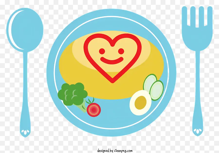 Cartoon herzförmiger Teller Liebe und Glück Food Präsentation Romantisches Abendessen - Teller mit herzförmigem Loch, Gemüse, Messer, Gabel