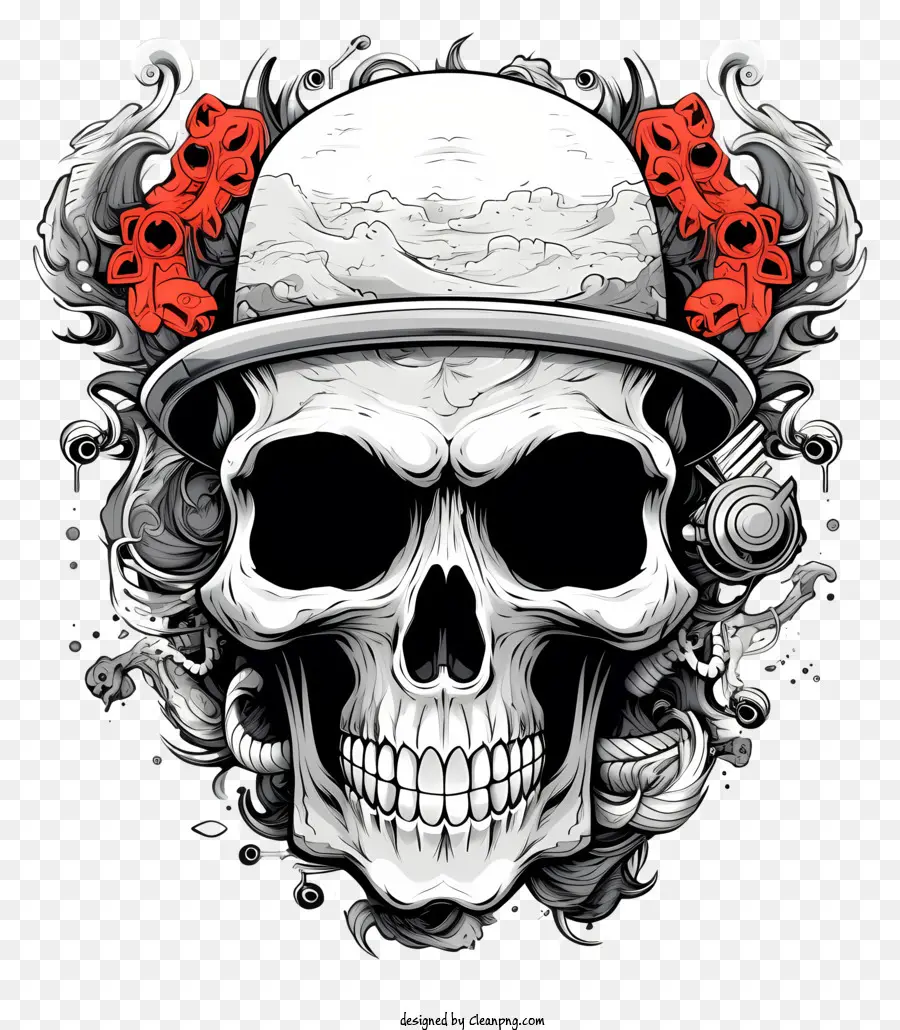 Doodle Cool Skull Skull Bowler Hat Designs Floral Designs Afterlife - Mysterious Skull con cappello da bombetta e disegni floreali