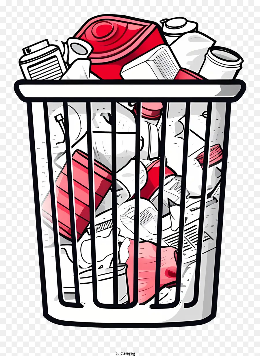 Doodle Mülleimer Dose Metallmüll können Müll können Schwarz -Weiß -Illustration Rot -Weiß -Tassen - Unordentlicher Metallmüll kann mit verschiedenen Gegenständen gefüllt werden