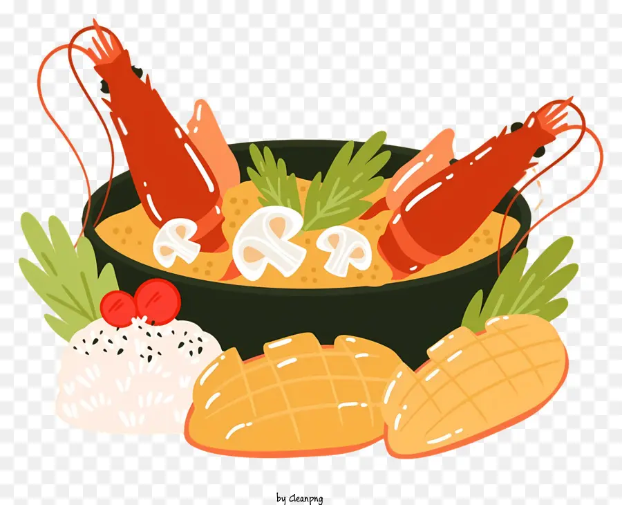 Thai Food Shrimp und Pilze Garnelen und Pilze Rezept Knoblauchgarnelenschale Pilze und Garnelenschale - Handgezeichnet, helle, realistische Garnelen- und Pilzgericht