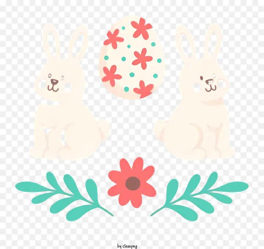 weiße Blume - Zwei weiße Kaninchen mit farbenfrohen Ei, umgeben von floralen Dekorationen und Bändern