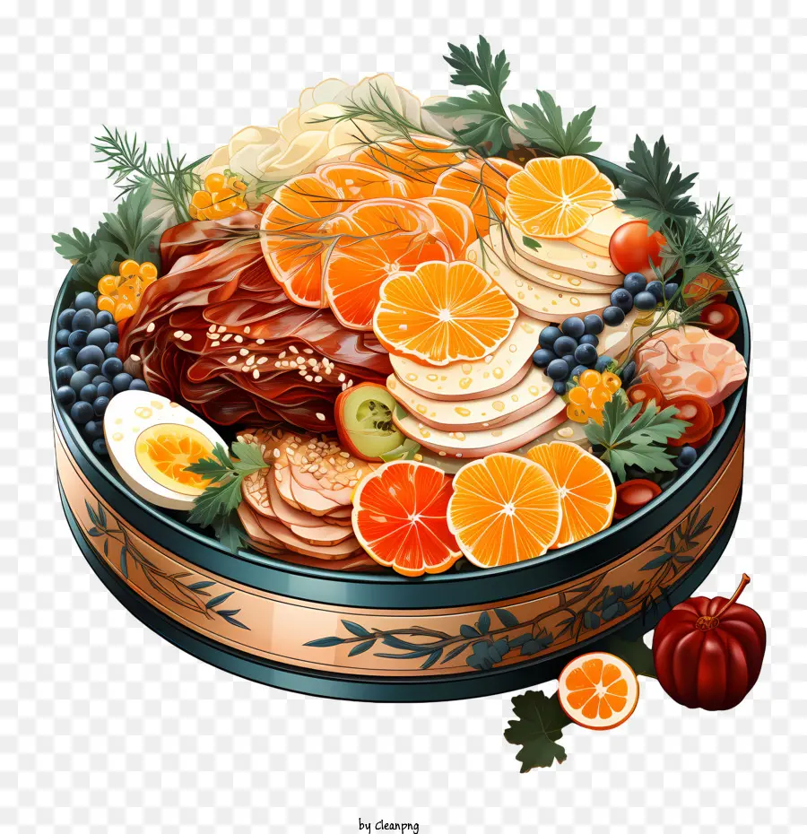 Bento Box Food Platter Party Essen Obst und Gemüse Fleischgerichte - Schwarz -Weiß -Tablett mit verschiedenen Lebensmitteln