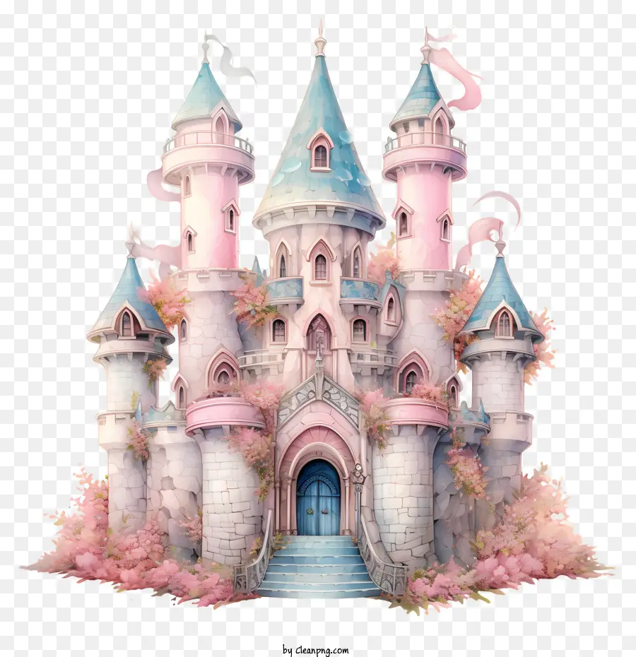 Công chúa Castle Castle Mái nhà màu hồng Windows ban công - Minh họa lâu đài với mái màu hồng và cửa sổ