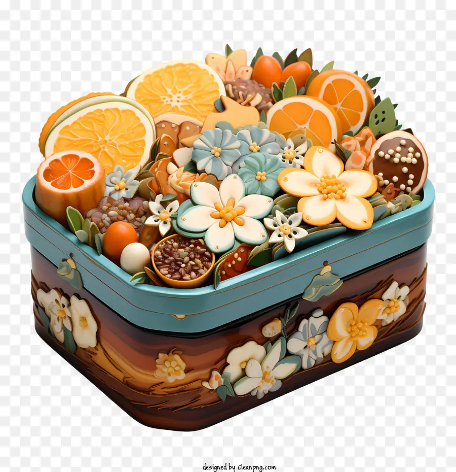 bento box large blue wooden chest fruits flowers intricate carvings