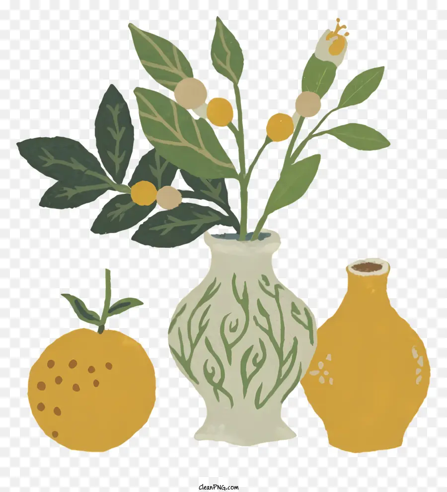 Cartoon Vasen Blumen Früchte Orangen - Aquarell Stillleben von Vasen, Orangen, Blumen