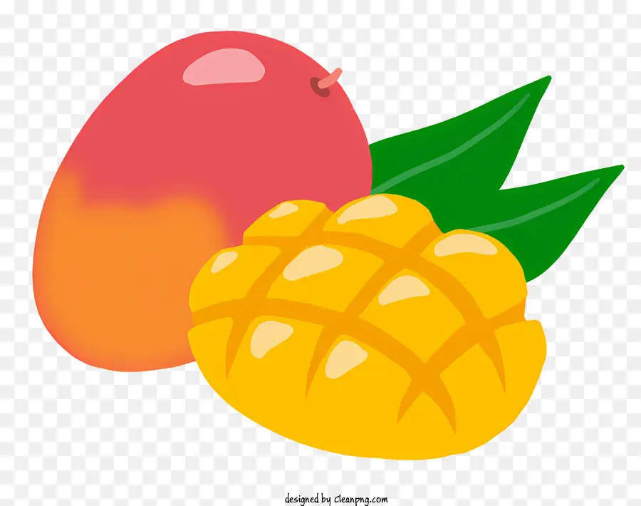 Foglie verdi maturi di cartone animato Foglie di colore arancione brillante - Rappresentazione realistica di mango maturi con foglie