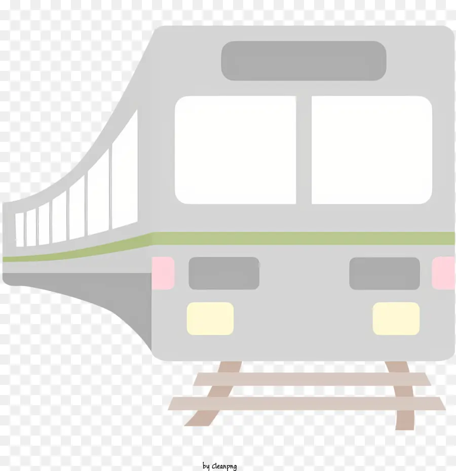 cartoni animati in treno in argento binari in treno verdi - Immagine dell'auto in treno d'argento con accenti verdi, senza ruote, a terra