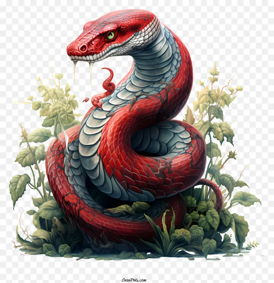 Schlangenschlange rot und weiß gestreifte Schlangengrün -grüne Blattpflanze lange und schlanke Schlange - Lange, schlanke Schlange sieht auf Blatt entschlossen aus