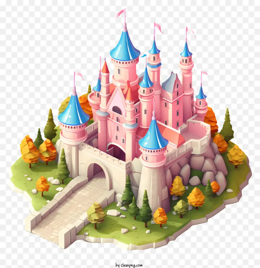 Principessa Castello Castello rosa Spires Blue Spires Giallo Castle Entrance - Immagine del castello rosa con ponte mirino, guglie, alberi