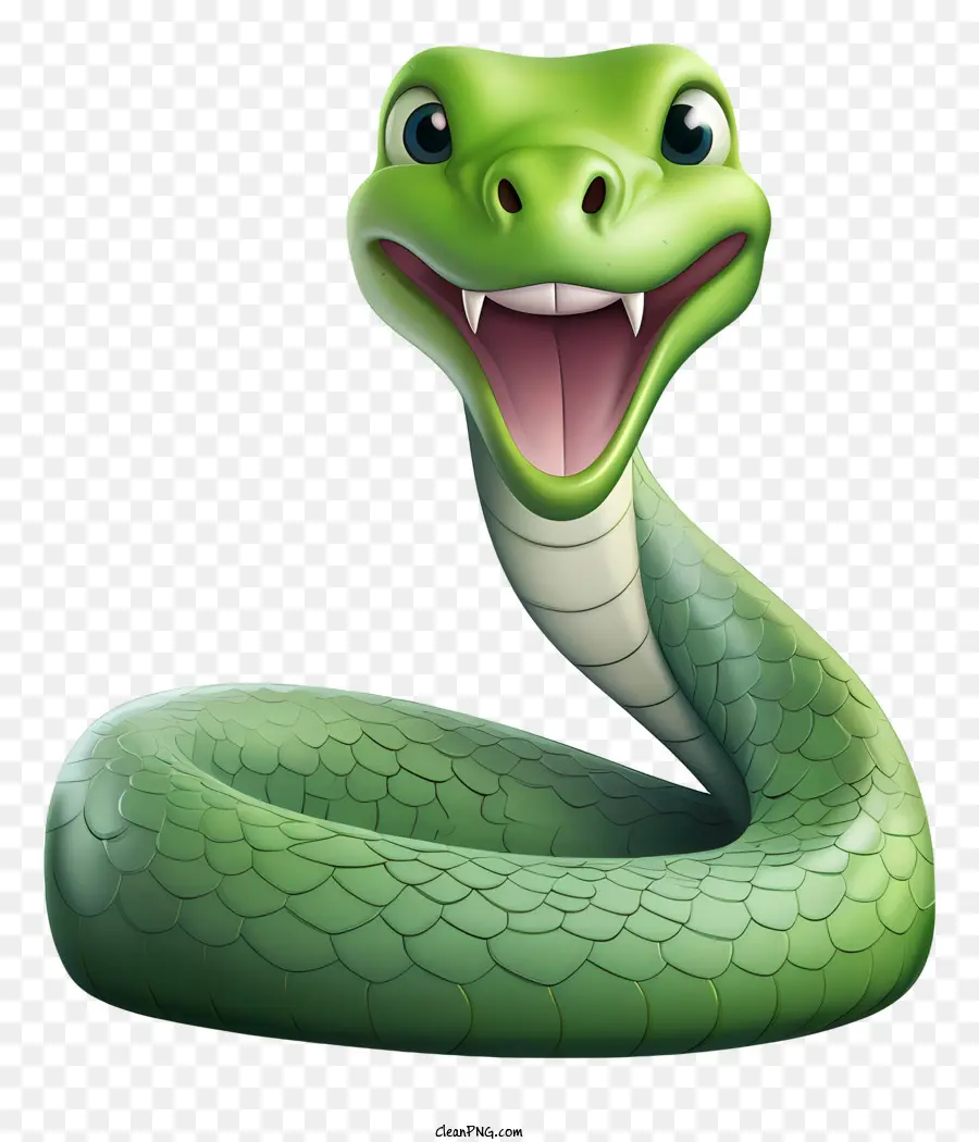 Serpent Day Grüne Schlange glückliche Schlange Schlange mit einer glücklichen Ausdrucksschlange mit offenem Mund - Glückliche grüne Schlange auf schwarzem Hintergrund