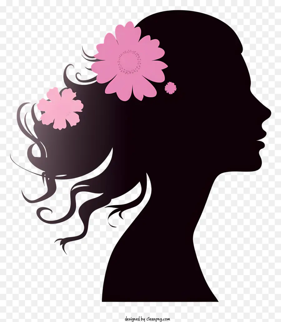 Silhouette del viso laterale da donna illustra la donna silhouette capelli lunghi fiore nei capelli ricci - Silhouette di una donna sorridente con il fiore