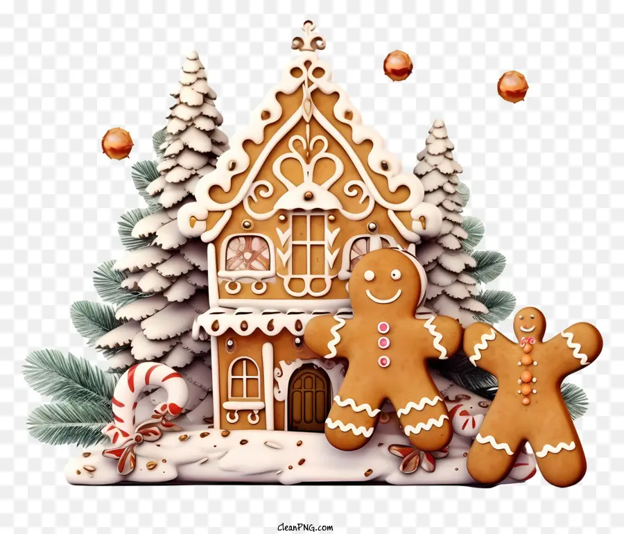 3D -Lebkuchen -Dekoration Lebkuchen Haus Urlaub Dekorationen Süßigkeiten Canes Tannenbäume - Lebkuchenhaus umgeben von Winterdekorationen und Schnee