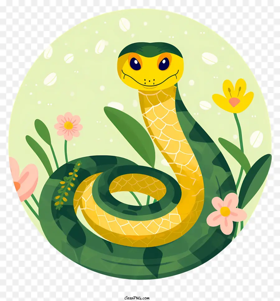Serpente Day Snake in erba Fiori di campo verde Snake a forma di C - Serpente sorridente in erba verde tra i fiori