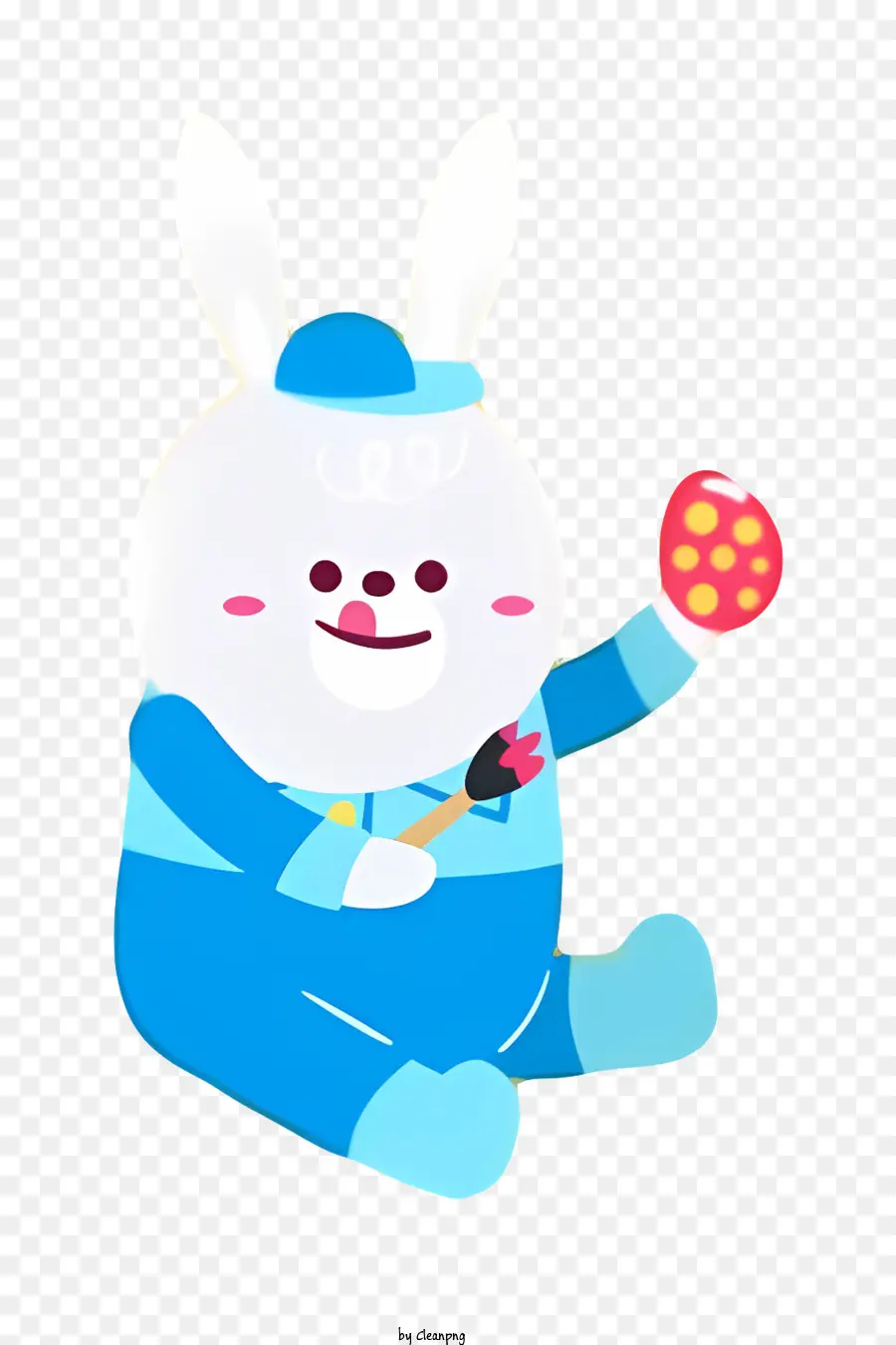 Hasen Gesicht Cartoon Charakter blaue Kleidung rote Handschuhe lächelnde Gesicht - Cartooncharakter in blauen Kleidern, die Ei halten