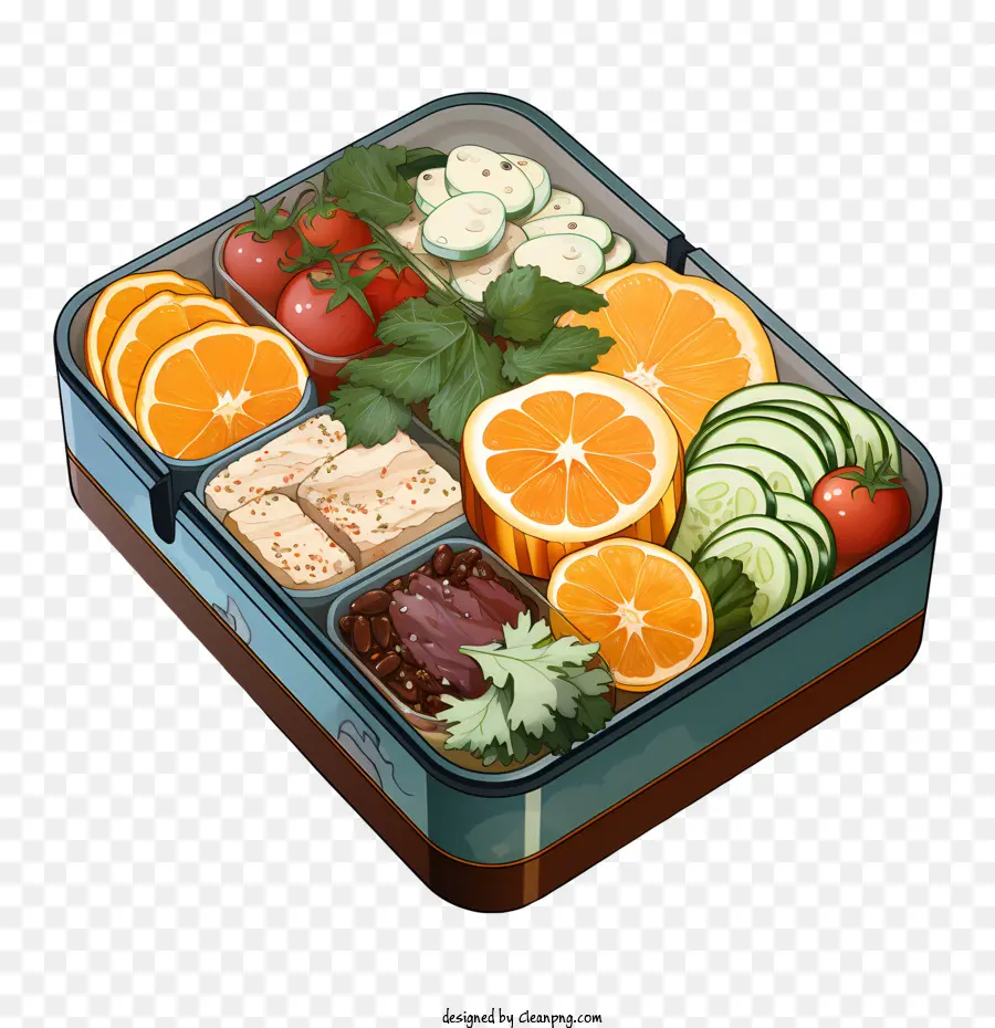 bento box lunch box compartments ingredients sliced oranges sliced tomatoes