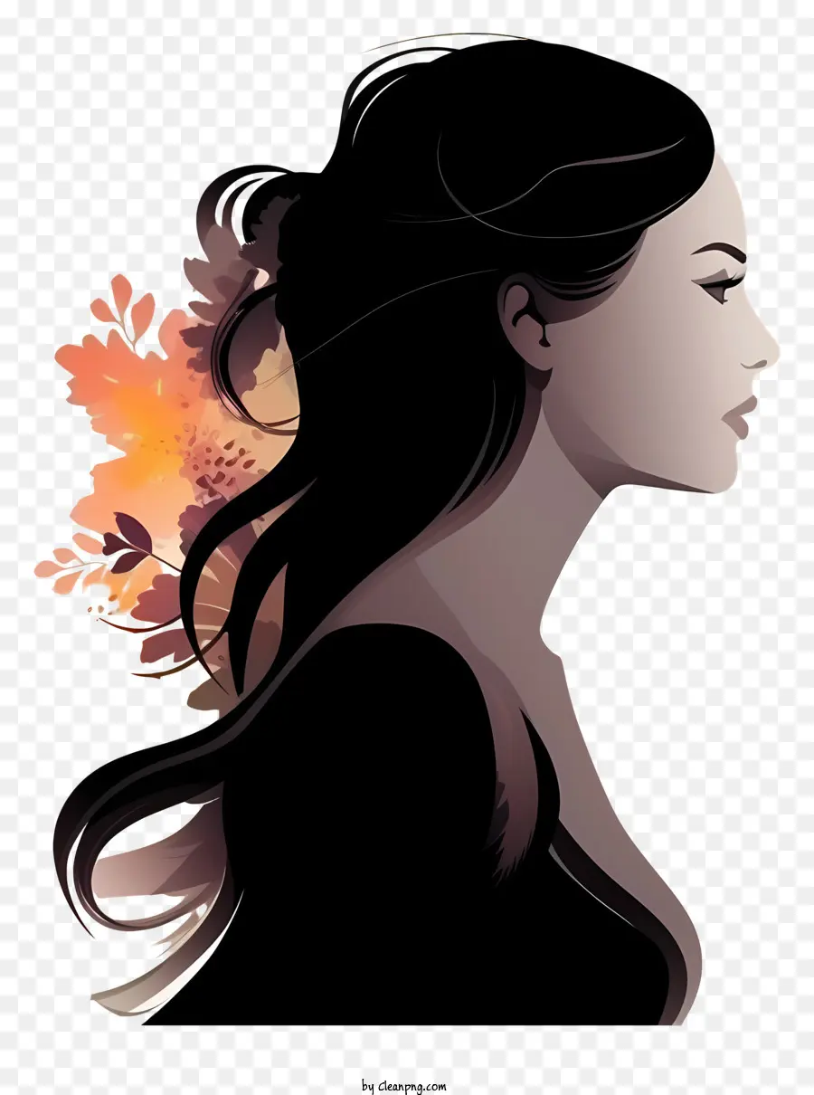 isometrische Stil Frauen Seitengesicht Silhouette Silhouette Frau Langes Haar - Silhouette von Frau mit dunklem Haar und Blume