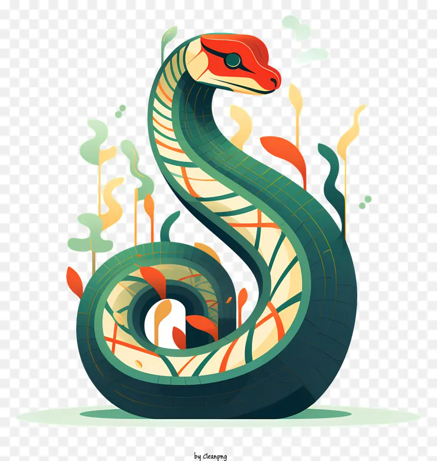 Schlangenschlangegrün und gelbe Schlange Schlange an den Hinterbeinen Schlange im symmetrischen Muster - Schlange in Grün und Gelb, umgeben von Blättern umgeben