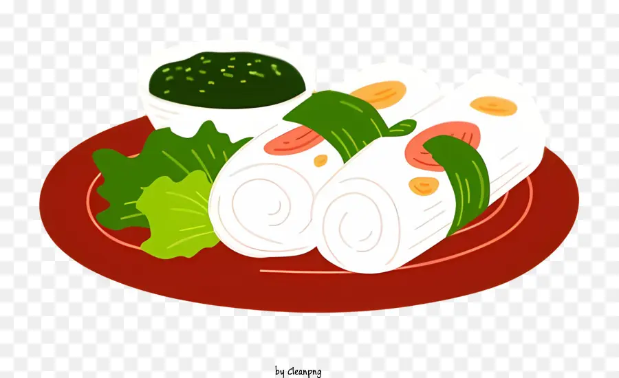 cibo tailandese fette di piastra rossa di pane salsa verde rossa - Immagine: piatto rosso con pane impilato, salsa verde e rossa