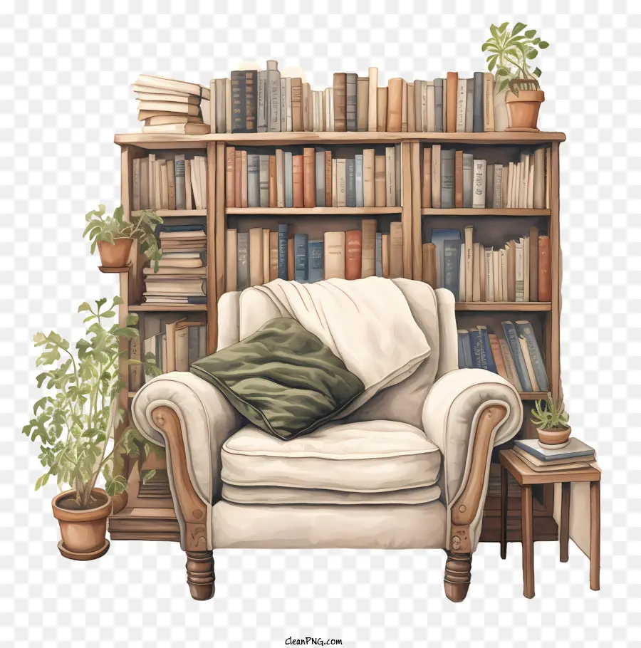 Buch Nook Bücherregal Bücher Stuhlkissen Kissen - Bücherregal mit Büchern, Stuhl mit Kissen, Pflanzen