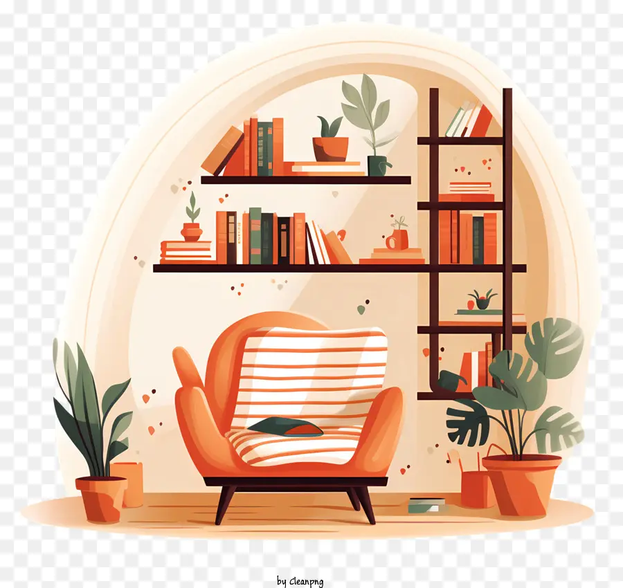 Glühbirne - Gemütliches Zimmer mit orangefarbenem Stuhl, Bücher, Pflanzen