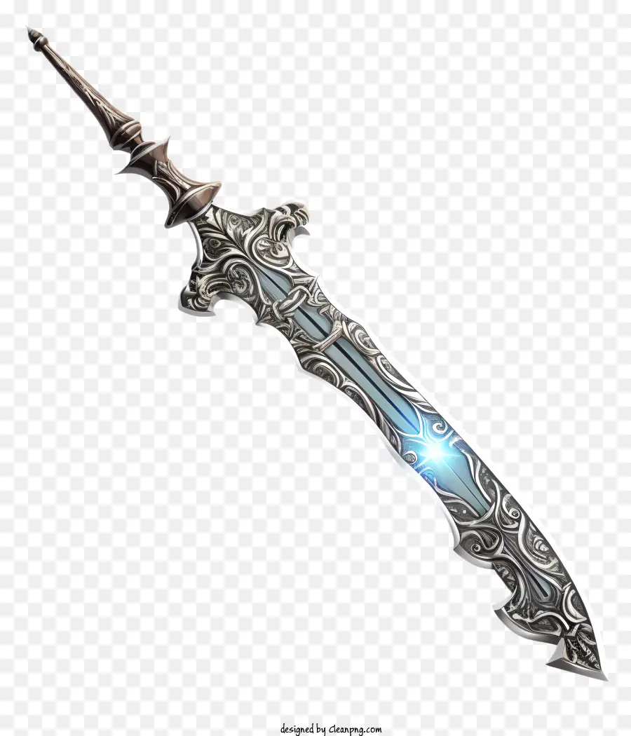 Trendy Retro -Stil Diamantschwert Schwert Silber Komplizierte Muster Metall - auf das ausgesteuerte Silberschwert mit blauem Leuchten