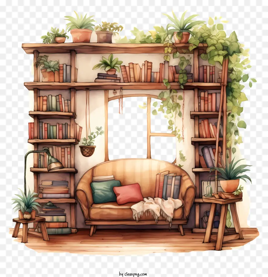 Buch Nook Home Library Bücherregal Organization Cosy Reading Nook Innenpflanzen - Gemütlicher, buchgefülltes Zimmer mit Pflanzen und Kissen