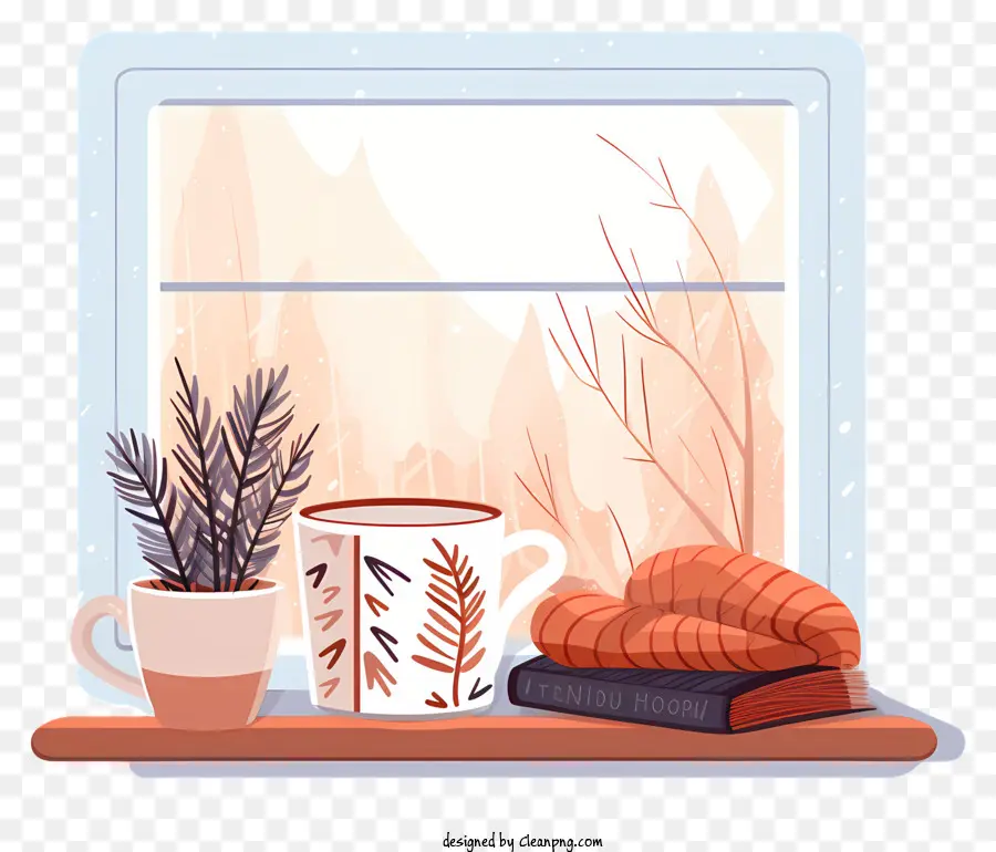 winter Landschaft - Tasse Kaffee und Buch auf schneebedeckter Fensterbrett