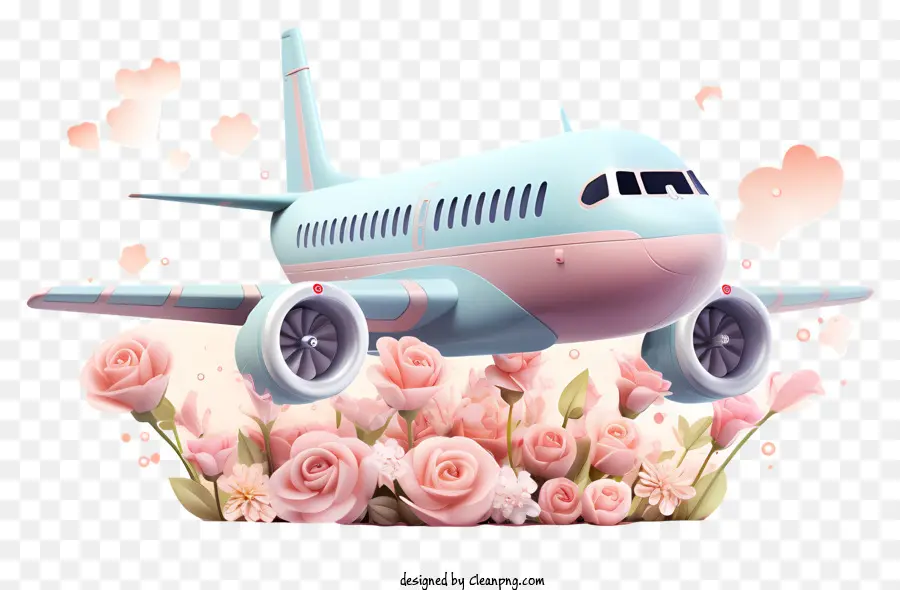 rosa Rosen - Blaues Flugzeug mit zwei Propellern fliegt über Rosen