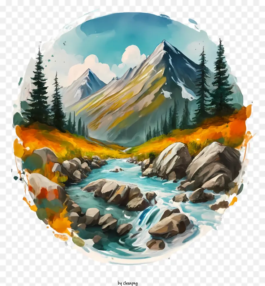 Herbstlaub - Aquarellmalerei des Berges Baches mit Herbstlaub