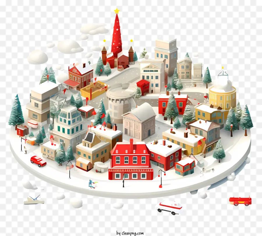 winter Landschaft - 3D -Rendering der schneebedeckten Stadt mit Gebäuden und Natur