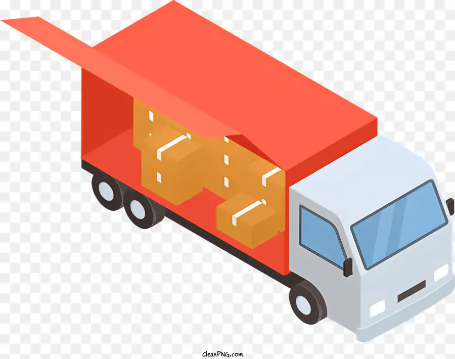Icona Truck Red Truck White Logo Box Truck Cardboard ondulato - Camion rosso con logo bianco parcheggiato, porta cargo aperta