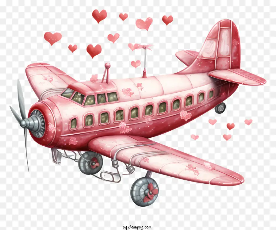 Valentine Airplane Old Red Airplane Hearts galleggianti volanti nel cielo umano fornito - Vecchio aereo rosso con cuori galleggianti raffigurati
