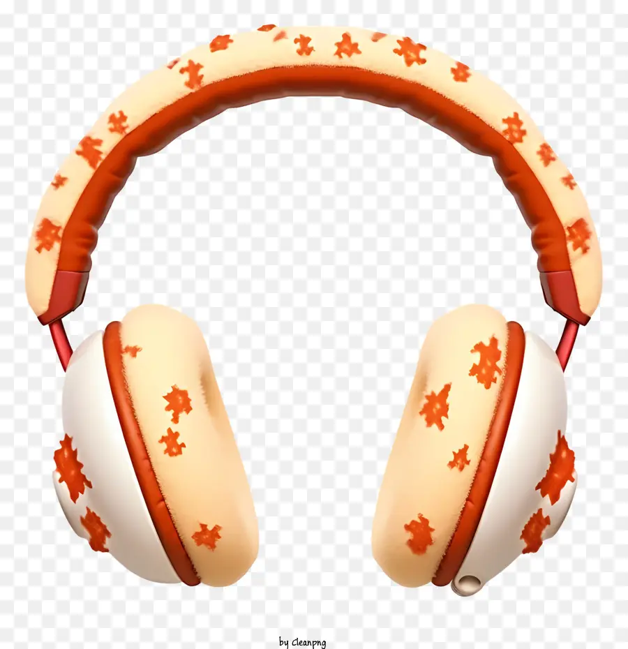 Ohrschützer -Ohrhörer -Ohrhörer -Kopfhörer im Weihnachtsstil orangefarbene Kopfhörer weiße und schwarze Muster Schnüre Kopfhörer - Orange Ohrknospe -Kopfhörer mit schwarz -weißen Mustern, die mit einem Gerät verbunden sind und von einer Person getragen werden, die Musik hört