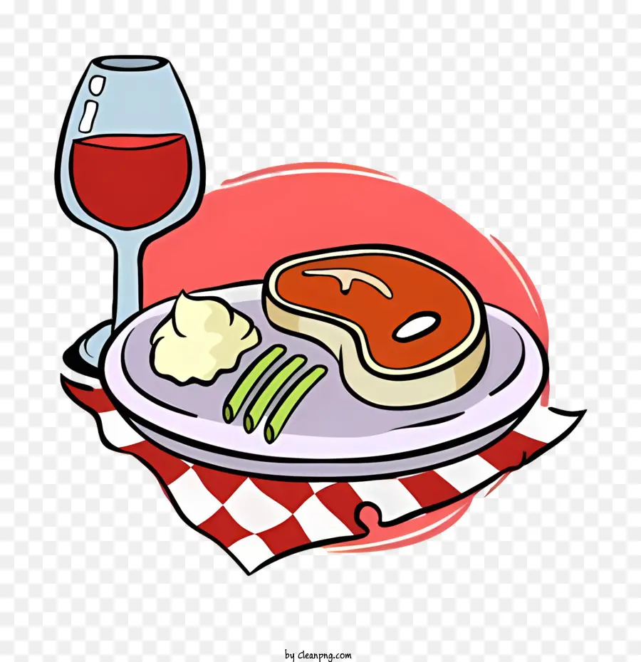 Vino rosso per piatto di cibo alimentare - Tovaglia con bistecca, vino e scacchi sul piatto