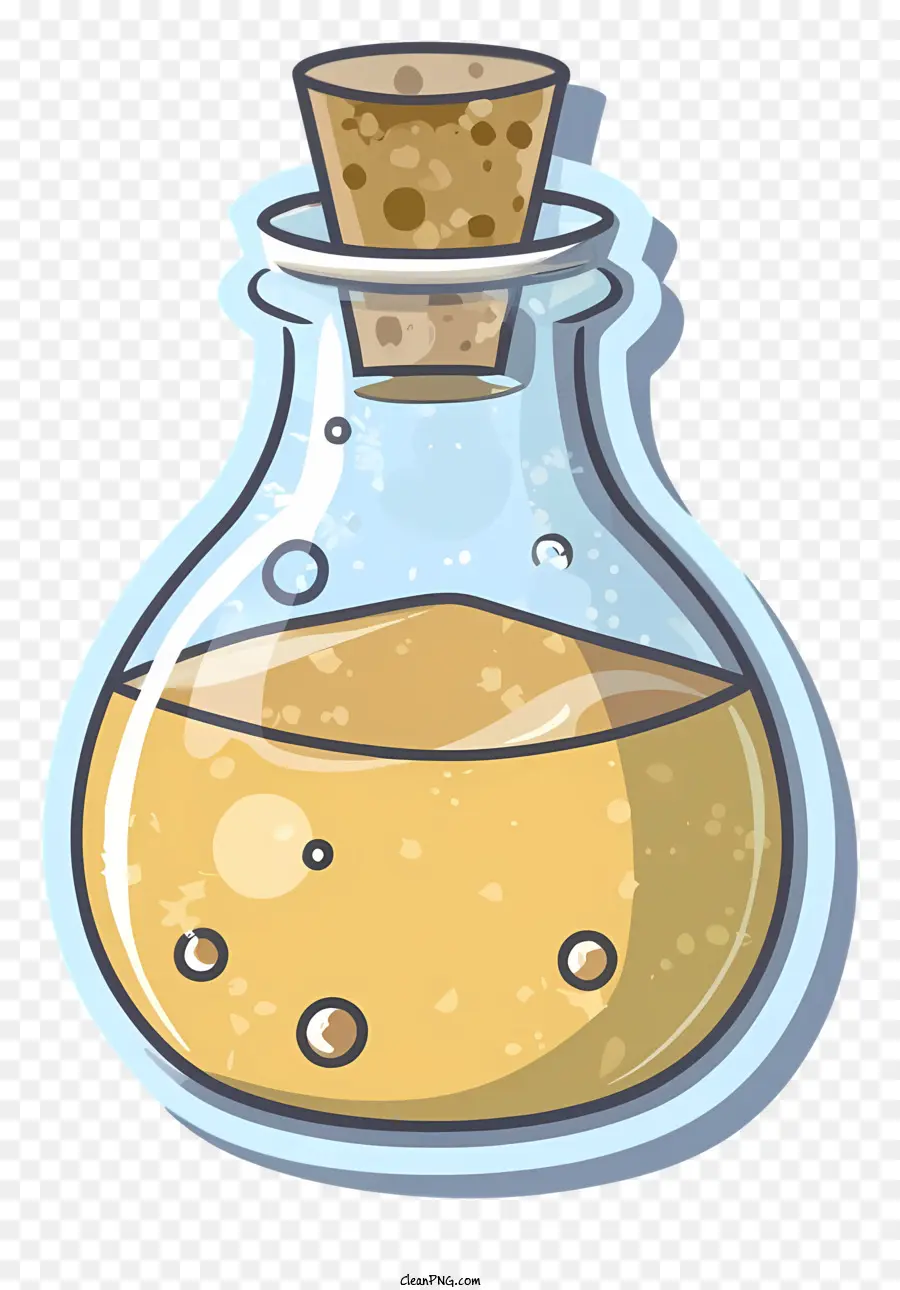 cartoon golden liquid bubbles in liquid glass bottle corked bottle
