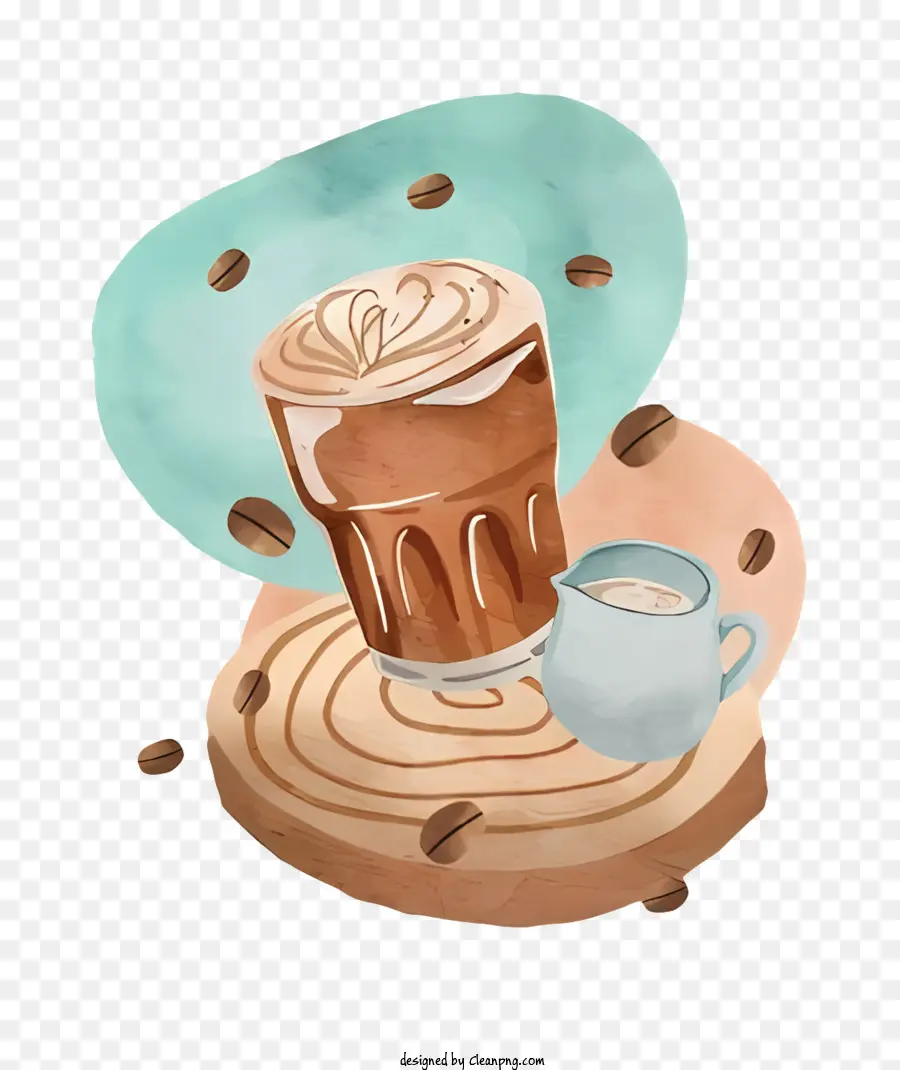 Tasse Kaffee - Aquarellmalerei von Kaffee mit Milch, Zucker, Bohnen