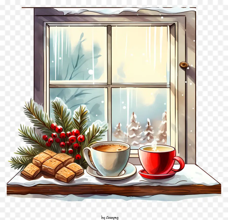 finestra inverno inverno inverno inverno paesaggio nevoso - Vibrante scena invernale con tazze di caffè e decorazioni