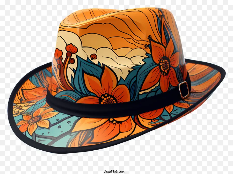 cappello arancione cappello nero cappello floreale cappello grande cappello - Cappello stampato floreale colorato con brio lungo la spalla