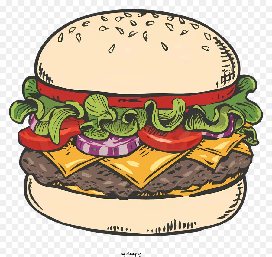 cartone animato lattuga di formaggio a base di hamburger - Burger Drawing in stile a matita con ombreggiatura