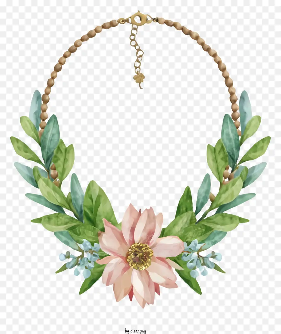 Cartoon Aquarellmalerei Halskette Rosa und grüne Blätter Blumenschmuck - Aquarellmalerei einer Blattkette mit Blumen