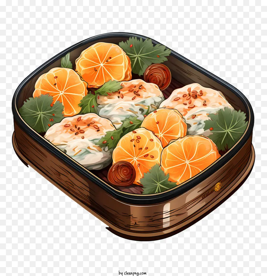 bento box food illustration container slices of oranges garlic
