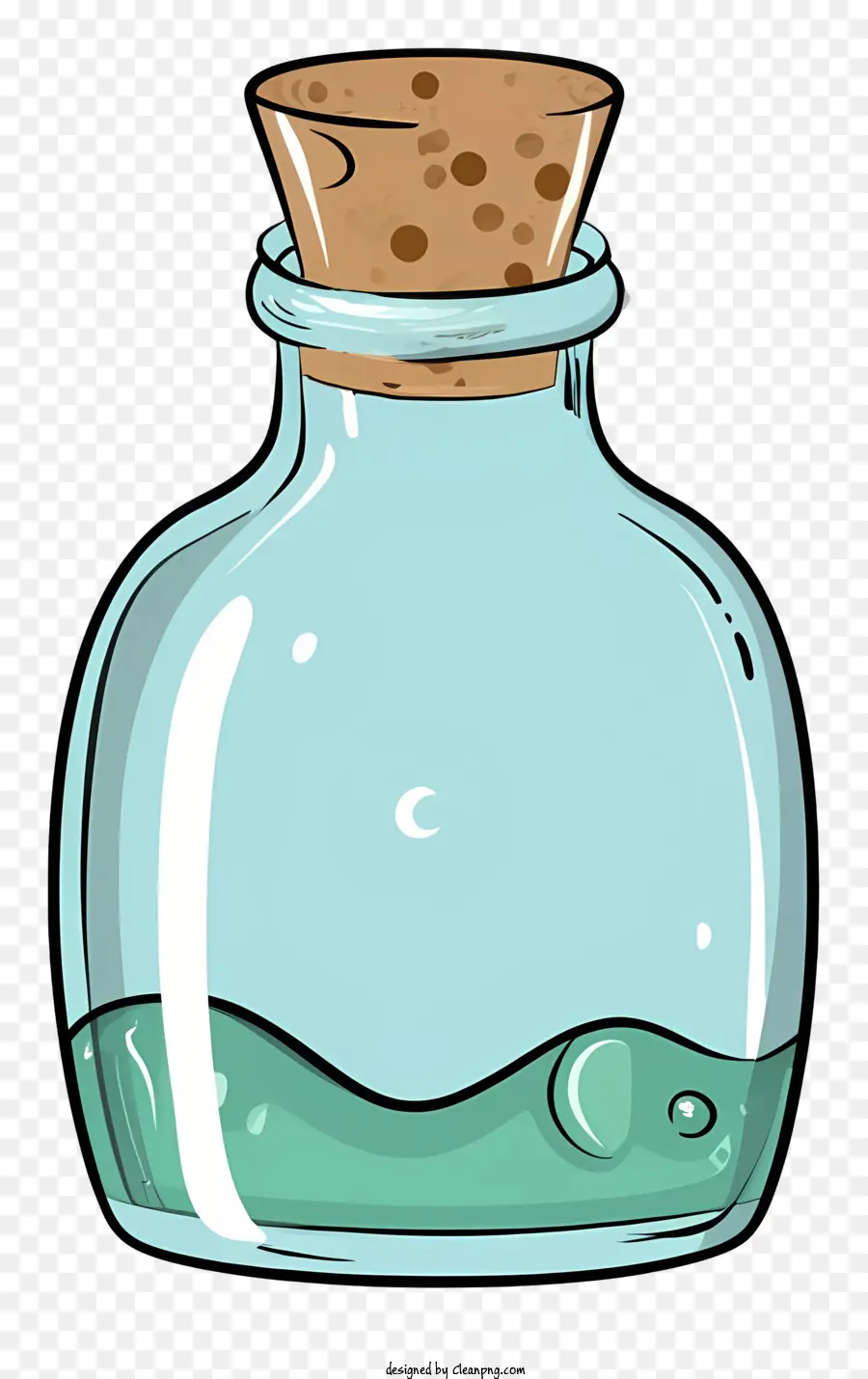 Cartoon Glasflasche Grün flüssiger Kork Stopper Schwarzer Hintergrund - Transparente Glasflasche mit grüner Flüssigkeit & Kork
