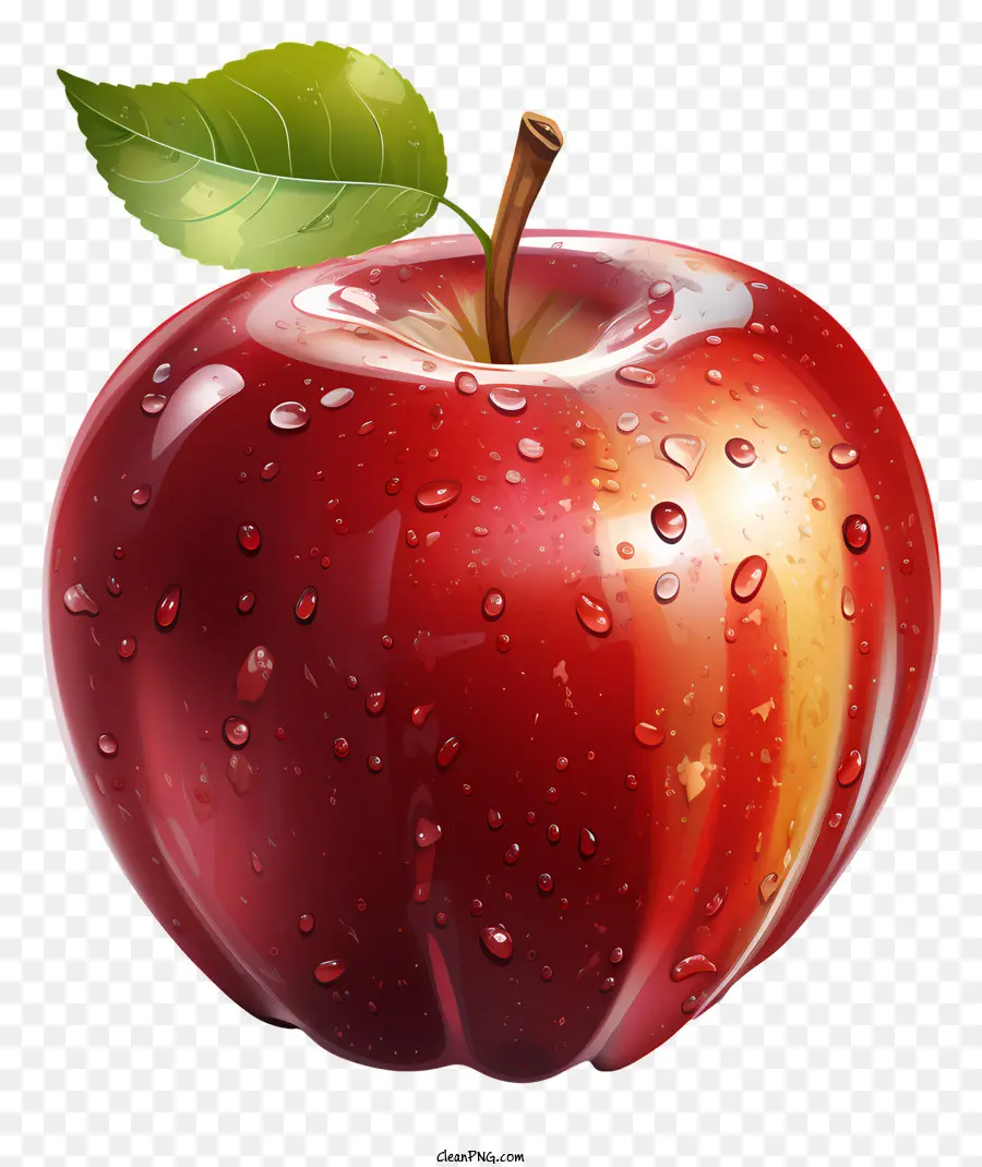 grünes Blatt - Glänzender roter Apfel mit Wassertropfen und Blatt