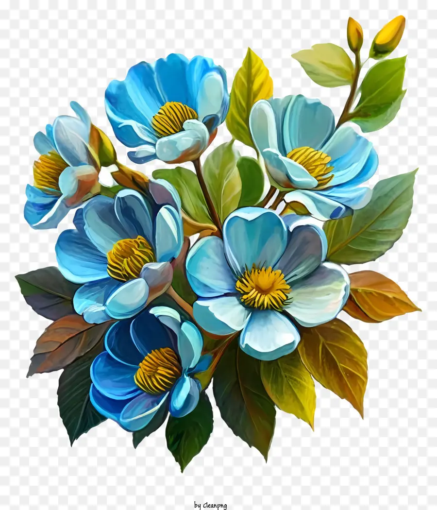 cartoon blue flowers bouquet full bloom petals