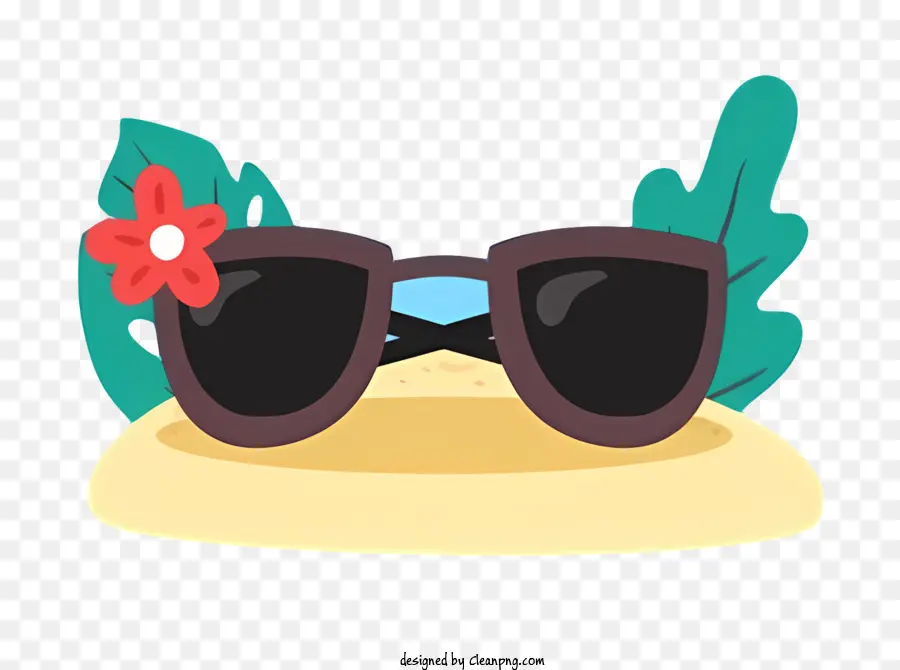 rote Blume - Sonnenbrille am Strand mit Blume und Handfläche