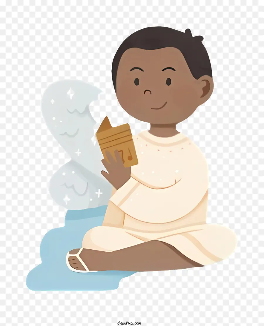 baptism person holding a book sitting on a rock or pebble water source (lake or river white tunic
